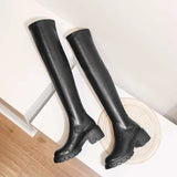 Hnzxzm Big Size Cow Leather Stretch Over-the-knee Boots Platform Round Toe High Heels Winter Women Warm Thigh High Boots