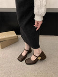 Hnzxzm 2024 Autumn New Women Fashion Square Toe Close Toe Ankel Strap Mules Ladies Elegant Mary Jane Ballet Shoes Mid Heel Dress Pumps