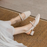 Hnzxzm New Women Sandals Satin  Square Heel Square Toe Buckle Strap Novelty Street Style British Style Pearl Belt Shoes For Women