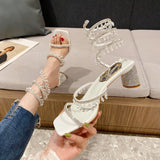 Hnzxzm Summer Women's Sandals Luxury Club Square Toe Pendant Rhinestone Snake Pattern White Heel Sandals Wedding Party Shoes