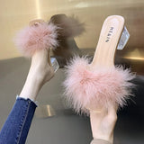 Hnzxzm Fashion Slippers Women's Summer New Open Toe Plush Fox Fur Chunky with Flip Flops Sexy Home Banquet Square Toe Simple Pumps