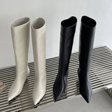 Hnzxzm 2024 Fashion Sexy Pointed  Low Heels Knee Long Boots Women's Spring/Autumn PU Sewing Party Ball Western Boots 35-40