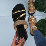 Hnzxzm 2024 Summer New Women's Fashion Gold Silver Patent Leather Flat Heel Sandals Bling Rhinestone Narrow Band Beach Casual Slippers