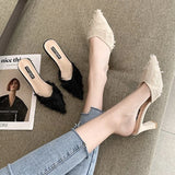 Hnzxzm Sandals Black Slides Vintage Summer Feather Outside Woman Slippers Mules Shoes for Women Pointed Toe Heeled Shoe Clappers F