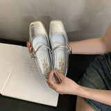 Hnzxzm Silvery Women Mary Jane Shoes Fashion Shallow Retro Style Leather Ladies Comfort Soft Sole Flats Graany Footwear