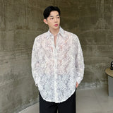 Hnzxzm 2024 Summer New Men's Personalized Butterfly Embroidery Shirt Hollow Out Long Sleeve Fashion Loose Single Breasted Tops