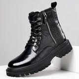 Hnzxzm Winter Plush High Top Comfortable Lace Up Motorcycle Boots Casual Shoes British Style Side Zipper Fashion Leather Men's Boots