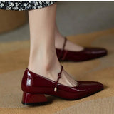 Hnzxzm New Square-toe Leather Shoes Red Black Mary Janes Shoes Women'S Shallow Mouth Casual Chunky Heel Shoes Low Heels Shoes