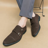 Hnzxzm New Brown Loafers Flock Double Buckle Monk Shoes Black Square Toe Slip-On Business Men Dress Shoes Size 38-46