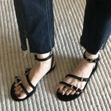 Hnzxzm 2024 Summer Women Gladiator Sandals Fashion Outdoor Metal Decoration Flats Shoes Female Comfort Clip Toe Sandalias