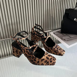 Hnzxzm Fashion Fashion Mary Jane Shoes Women Retro Elegance Chunky Slingback Shoes Belt Buckle Leopard Print High Heeled Sandals Women