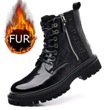 Hnzxzm Winter Plush High Top Comfortable Lace Up Motorcycle Boots Casual Shoes British Style Side Zipper Fashion Leather Men's Boots