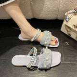 Hnzxzm Women's Shoes Rhinestones Summer Blue Sandals for Woman One Word Footwear Diamond with Low Heels on Offer Shoe Wholesale H