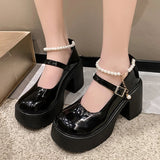 Hnzxzm Black Patent Leather Mary Janes Shoes Women Pearl Buckle Strap Thick Platform Pumps Woman Fashion Super High Heels Banquet Shoes