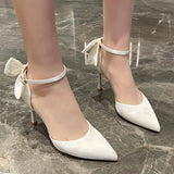 Hnzxzm White Elegant Bowknot Thin Heels Pumps Women Pointed Toe Ankle Strap Wedding Party Shoes Woman Silk Super High Heels Bride Shoes