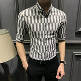 Hnzxzm Summer New Print Striped Men's Medium Sleeved Shirt Korean Trend Button Casual Fashion Versatile Pointed Collar Half Sleeve Top