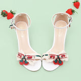 Hnzxzm Summer Sweet Strawberry Flower Sandals Sweet Girl Ankle Strap Open Toe Lace Bowknot Shoes Chunky Square Heel Daily Wear Pumps