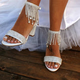 Hnzxzm Rhinestone Chain Tassel High Heels Women Open Toe Rhinestone Diamond Sandals Thick Heeled High Heels White Sexy Bridal Shoes