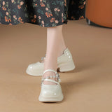 Hnzxzm Mary Jane shoes  New Party Princess Wedding Chunky Heel Buckle Pearls Leather Shoes