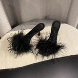 Hnzxzm Women's Slippers and Ladies Sandals Black Slides Vintage Feather Shoes Heeled Summer Furry Wedding Sexy Fuzzy Unique Eva I