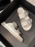 Hnzxzm Fashion Solid Platform Slippers Female Summer Outside Wear Square Buckle Rhinestone Temperament Sandals Female Flip-flops 2024