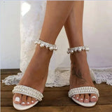 Hnzxzm Pearl High Heels Women Open Toe Rhinestone Diamond Sandals Thick Heeled High Heels Woman Sexy Wedding Shoes Bride