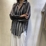 Hnzxzm Striped Turn-down Collar Chiffon Lantern Long Sleeve Contrast Color Button Up Cardigan Shirt Women's Spring Autum Tops