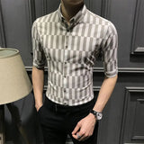 Hnzxzm Summer New Print Striped Men's Medium Sleeved Shirt Korean Trend Button Casual Fashion Versatile Pointed Collar Half Sleeve Top