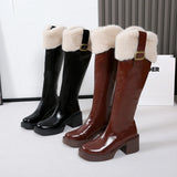 Hnzxzm Winter Knee High Brown Long Boots Comfort Square Heel Zip Belt Buckle Platform Boots for Women  Plush Edge Warm Gothic Shoes