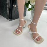 Hnzxzm 2024 New Brand Plush Fur Fuzzy Sandals Women Thin Heels Fashion Square Toe Ankle Lace Up Buckle Strap Slides Shoes