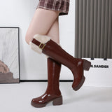 Hnzxzm Winter Knee High Brown Long Boots Comfort Square Heel Zip Belt Buckle Platform Boots for Women  Plush Edge Warm Gothic Shoes