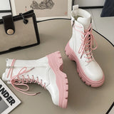 Hnzxzm Pink Chunky Platform Ankle Boots Women Autumn Thick Bottom Pu Leather Boots Shoes Woman Mix Color Lace Up Motorcycle Botas