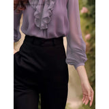 Hnzxzm Women Korean Fashion Ruffles Sweet Fairy Blouses Office Lady Business Casual Purple Shirts Casual V Neck 3/4 Sleeve Loose Tops