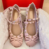 Hnzxzm Family Riveted Satin Ballet Shoes Female New Bow French Single Shoes Flat Bottom Mary Jane Princess Shoes