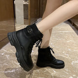 Hnzxzm New Soft Leather British Style Women's Boots Fashion Round Toe Ankle Boots Winter Elastic Black Ladies Platform Shoes