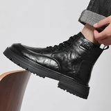 Hnzxzm Autumn Winter Fleece High-top Leather Boots for Men Fashion Casual Work English Style Warm Cotton Boots Platform Shoes Male