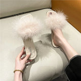 Hnzxzm Summer Fluffy Slides Vintage Feather Women's Slippers and Ladies Sandals Flat Shoes Pink Fuzzy Furry Trend New Style I F B