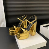 Hnzxzm Summer Luxury Gold Silver 5cm Platform Sandals for Women 15cm Fashion Party Ankle Buckle Thick Heeled High Heels Sandals Women