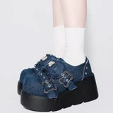 Hnzxzm Punk Metal Chain Chunky Platform Ankle Boots Women Winter Y2K Thick Bottom Denim   Black Gothic Lolita Shoes