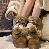 Hnzxzm Faux Fur  Women Winter Snow  Luxury Fluffy Fuzzy  Warm Cozy Waterproof Platform Lace-up Mid-Calf Ski Boots 2024 New Hot