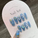 Hnzxzm 10Pcs Shiny Blue Handmade Press On Nails Mermaid Moon Heart Design Full Cover Cat Eye Fake Nails Manicure Wearable Nail Tips Art