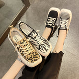 Hnzxzm Wide Feet Square Toe Canvas Loafers Women's Leisure Lace Up Sneakers Platform Leopard Zebra Print Shoes Student Running Shoes