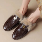 Hnzxzm 2024 New Women's Fuzzy Slippers Winter Warm Flat Half Slippers Fashion Covered Women Shoes Mules Elegant Metal Buckle Loafers