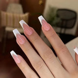 Hnzxzm 24Pcs Long Ballet Fake Nails Shiny White French Coffin False Nails Simple Wearable Manicure Press on Nails Full Cover Nail Tips