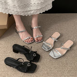Hnzxzm 2024 New Summer Shiny Rhinestone Women Slippers Sexy Narrow Band Open Toe Slides Shoes Ladies Party Dress Thick Heel Sandals