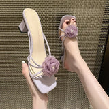Hnzxzm Slippers Women's Sandals Woman Summer 2024 Sweet Flowers Fashion Designer Slides Elegant Party Dress Medium Heel Footwear New In