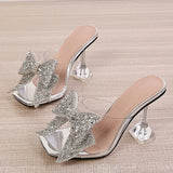 Hnzxzm 2024 New Transparent Slippers For Women Fashion Silver Crystal Bowknot High Heels Female Mules Slides Summer Sandals Shoes