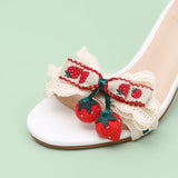 Hnzxzm Summer Sweet Strawberry Flower Sandals Sweet Girl Ankle Strap Open Toe Lace Bowknot Shoes Chunky Square Heel Daily Wear Pumps