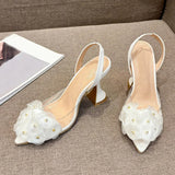 Hnzxzm Fashion Crystal Flower Women Pumps Sexy Pointed Toe White High Heels Wedding Prom Shoes PVC Transparent Sandal Female Mule