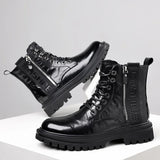 Hnzxzm Winter Plush High Top Comfortable Lace Up Motorcycle Boots Casual Shoes British Style Side Zipper Fashion Leather Men's Boots